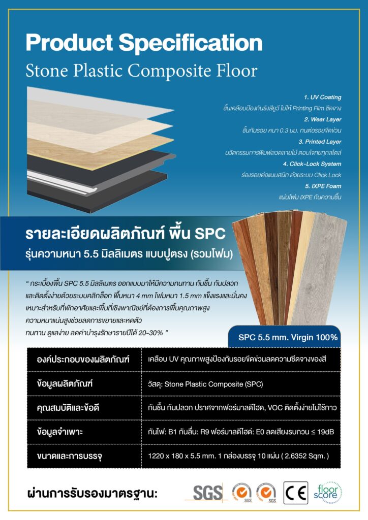 พื้น SPC เกรด Virgin 100% ระบบ Click-Lock ราคาปลีก-ส่ง สำหรับโครงการอสังหาริมทรัพย์ บ้านโครงการ คอนโดมิเนียม ฯลฯ มาพร้อมความทนทาน สวยงาม และราคาที่ถูกที่สุดในไทย! มีจำหน่ายอุปกรณ์เสริมสำหรับงานติดตั้งพื้น SPC เช่น โฟมรองพื้นพรีเมียม (ฟอยล์กันชื้น 2 ด้าน) กันชื้น 99.99% กันไฟฟ้าสถิตย์ กันแบคทีเรีย เจ้าแรกในไทย, บัวเชิงผนัง, ตัวจบพื้นทุกชนิด