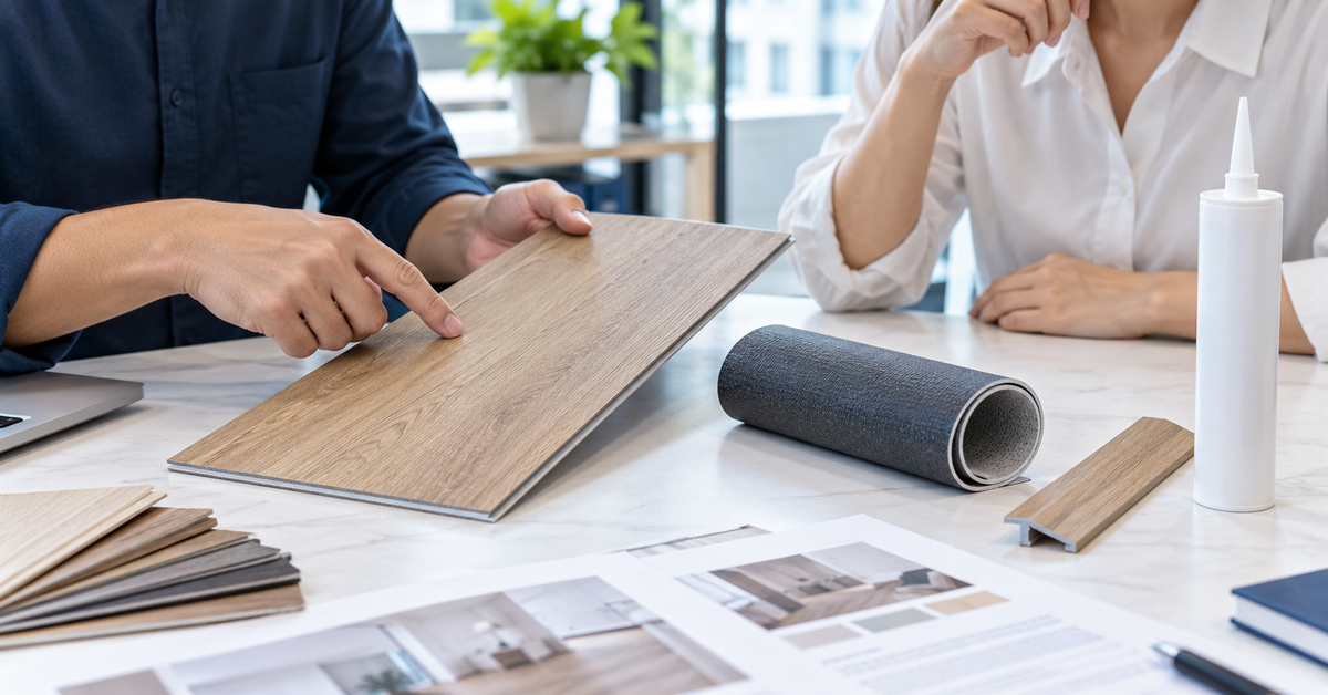 ตัวอย่างวัสดุหลายรายการที่อาจเกี่ยวข้องกับงานพื้น ต้องเลือกตามระบบติดตั้งจริง